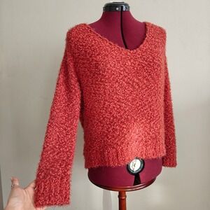 Poof Apparel Womens Sweater Chunky Knit Popcorn V Neck Pull‎ Over Orange Small